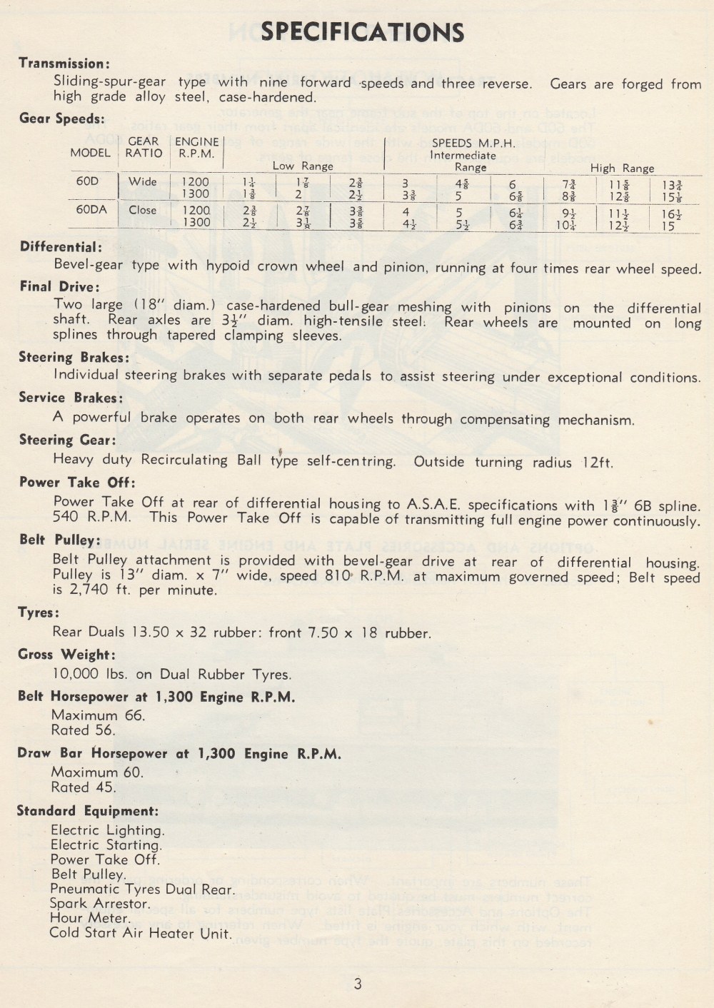 specifications for Chamberlain 60DA tractor