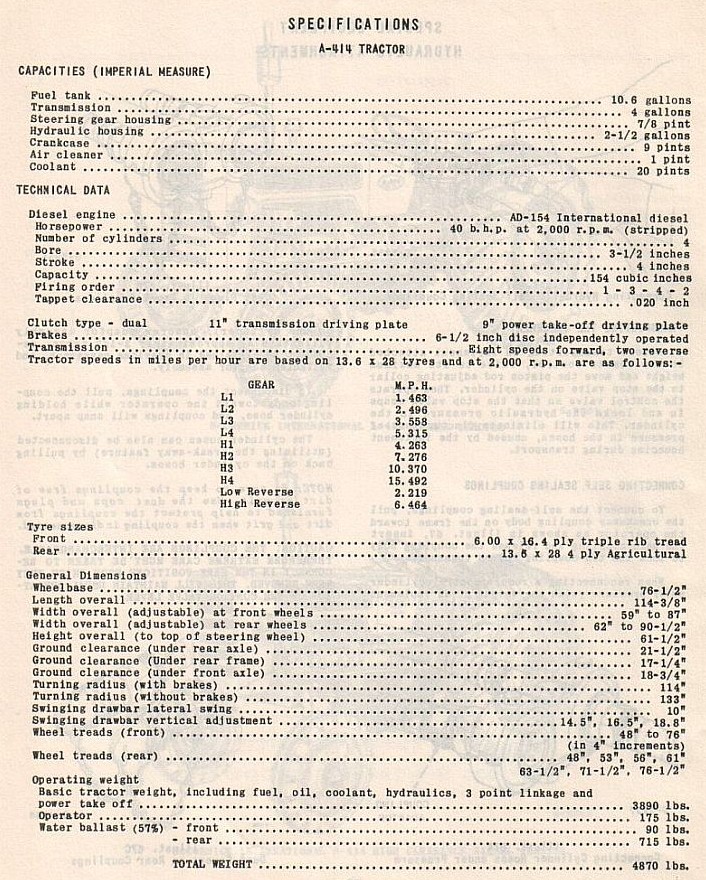 left & specifications for McCormick A414 tractor