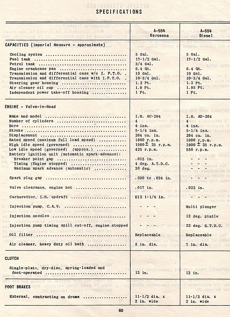 specifications for McCormick A554 tractor