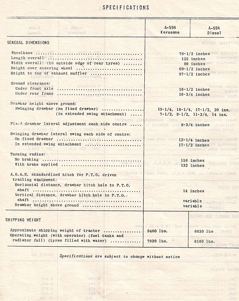 specifications for McCormick A554 tractor