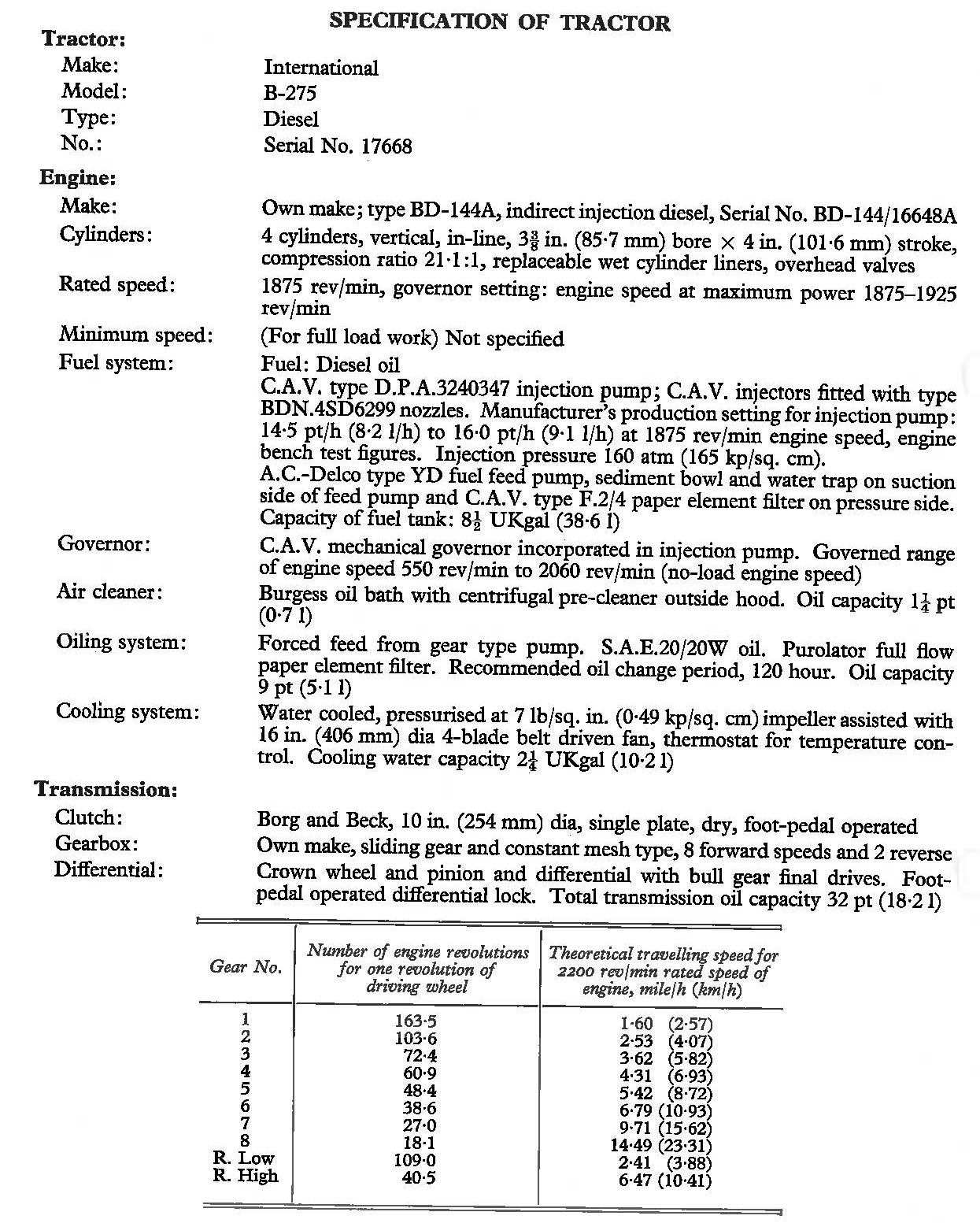 specifications of McCormick International B275 tractor