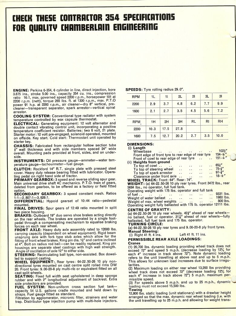 left & specifications for Chamberlain Contractor 354 tractor