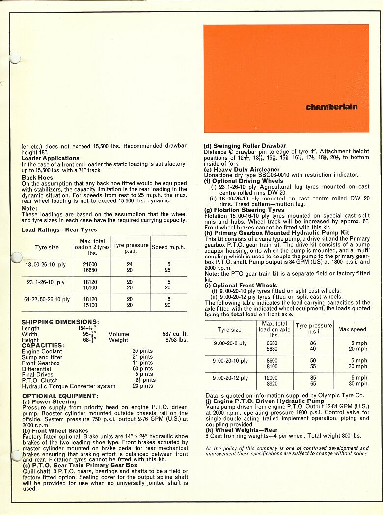 left & specifications for Chamberlain Contractor 354 tractor