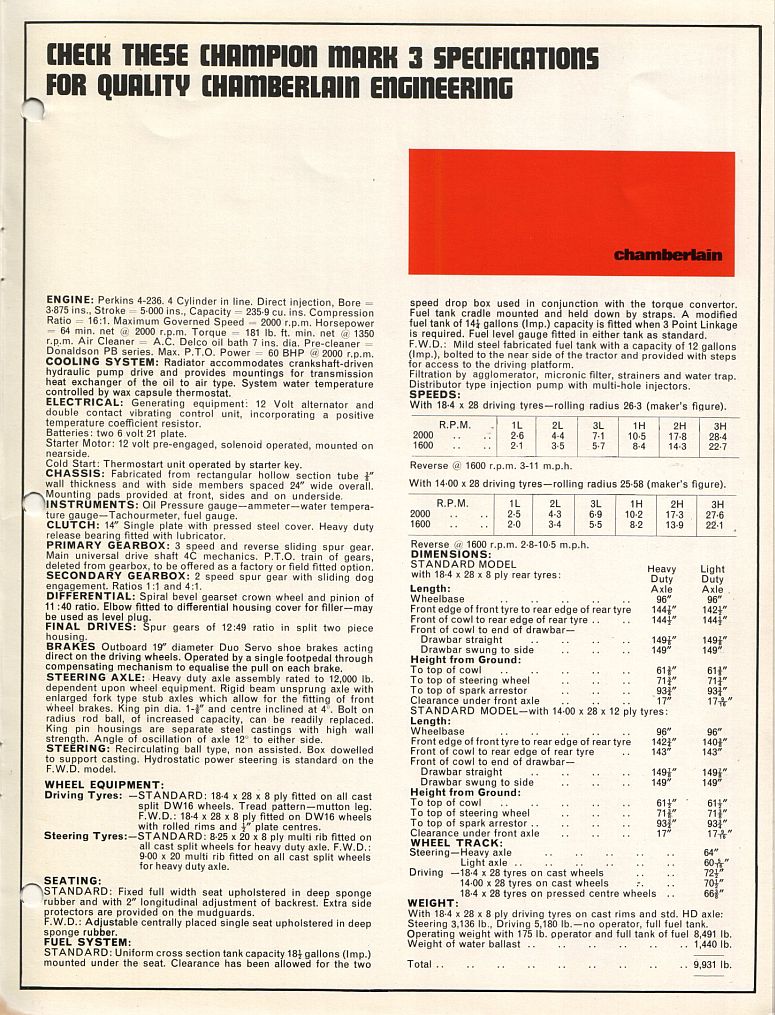 left & specifications for Chamberlain Champion Industrial Mark 3 tractor