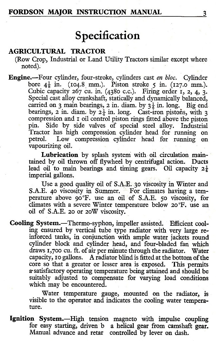 specifications for Fordson Major tractor