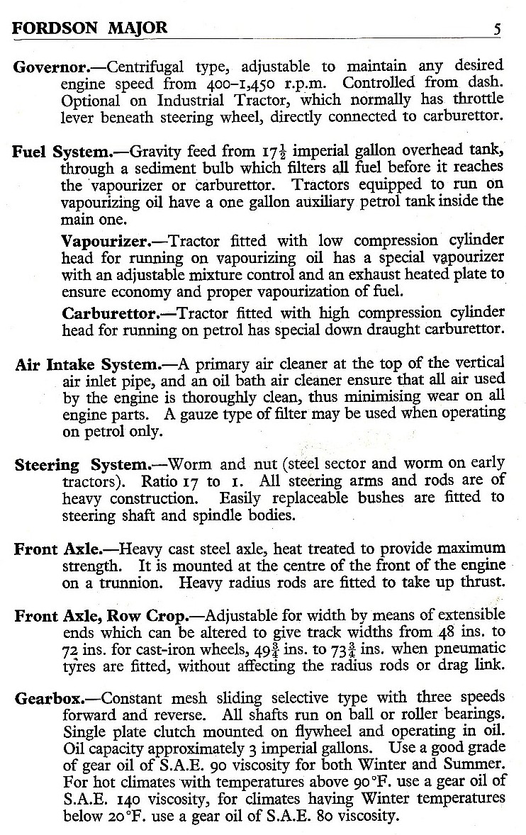 specifications for Fordson Major tractor