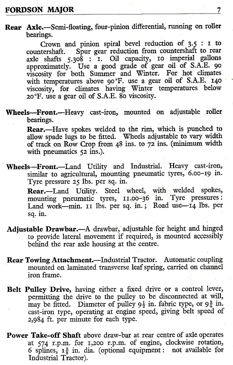 specifications for Fordson Major tractor