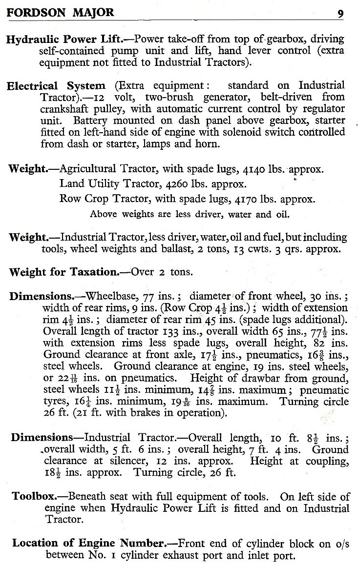 specifications for Fordson Major tractor