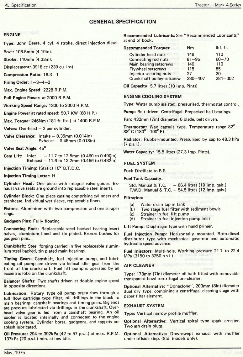 left & specifications for Chamberlain Mark 4 tractor