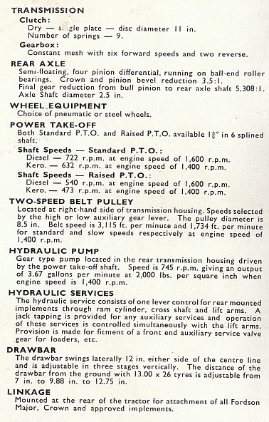 specifications of Fordson New Major tractor