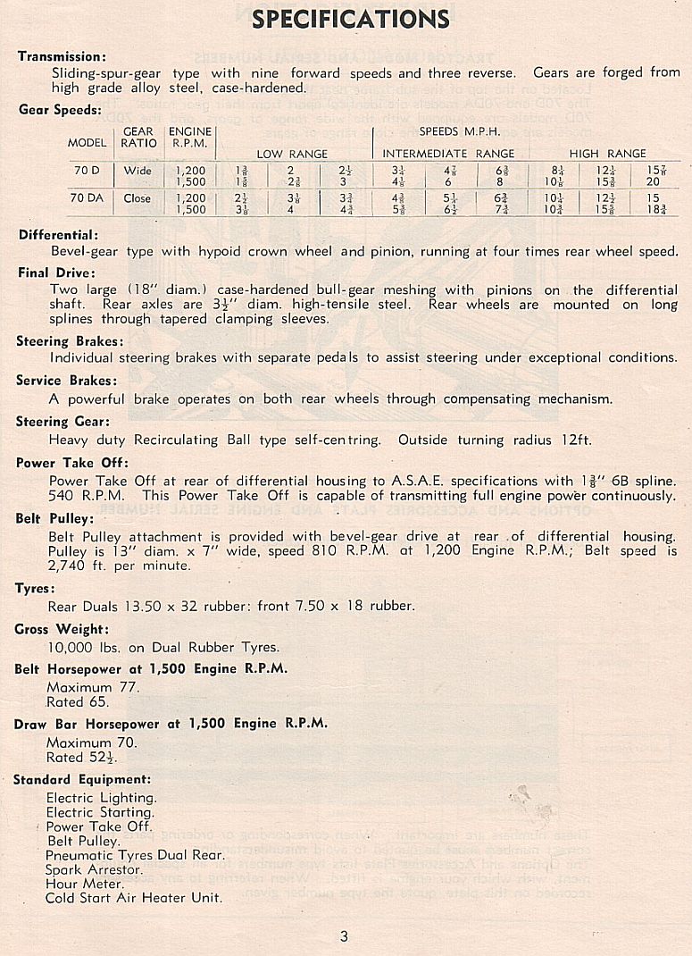 left & specifications for Chamberlain Super 70 tractor